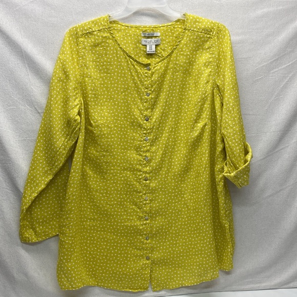 Rachel Zoe Womens 1X Linen Button Down Yellow White Polka Dot Blouse Casual Fun - Picture 13 of 14